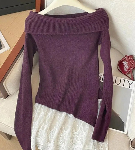French Autumn Winter Patchwork Lace Elegant Pullover Short Sweater Women's Vintage 2024 New Office Lady Long Sleeved Knitted Top