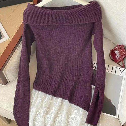 Load image into Gallery viewer, French Autumn Winter Patchwork Lace Elegant Pullover Short Sweater Women's Vintage 2024 New Office Lady Long Sleeved Knitted Top
