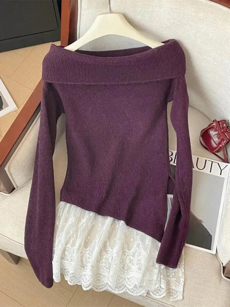 French Autumn Winter Patchwork Lace Elegant Pullover Short Sweater Women's Vintage 2024 New Office Lady Long Sleeved Knitted Top