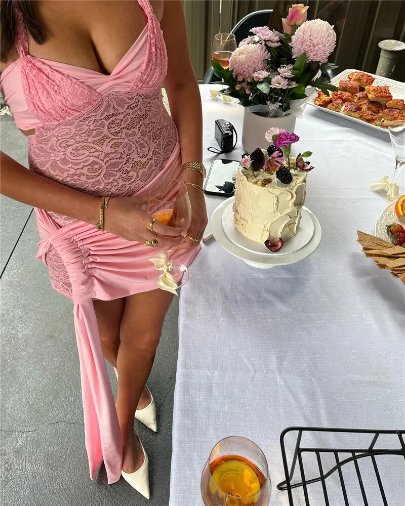 Lace Draped Ruched Sexy Mini Dress For Women Robe Fashion Halter Off-shoulder Backless Sleeveless Bodycon Club Dress