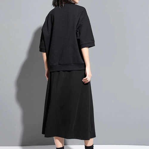 Load image into Gallery viewer, Women Black Ruffles Irregular Spliced Big Size T-shirt New Round Neck Long Sleeve Fashion Tide Spring Autumn 2025 1DJ1267
