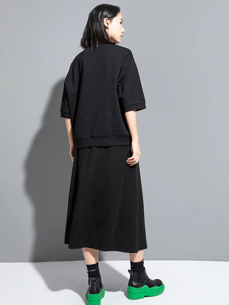 Women Black Ruffles Irregular Spliced Big Size T-shirt New Round Neck Long Sleeve Fashion Tide Spring Autumn 2025 1DJ1267