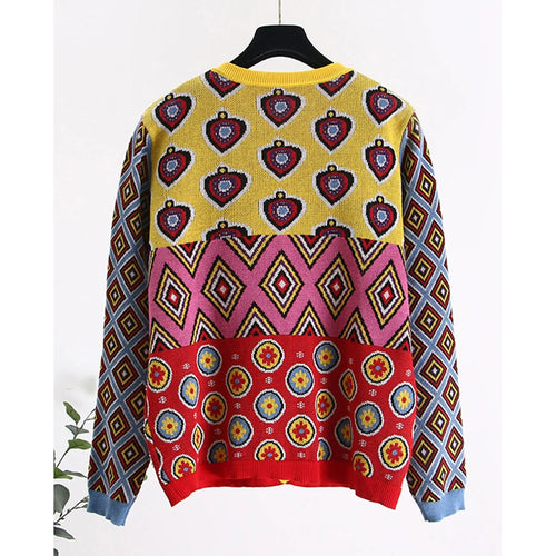 Load image into Gallery viewer, Brand Designer Women&#39;s Cardigan 2023 Vintage Contrast Geometric Heart Single Breasted Round Neck Open Stitch Cardigan C-107
