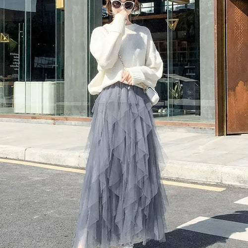 Load image into Gallery viewer, Spring Summer French Fashion Vintage Solid Mesh Slim Fairy Long Skirt Women High Waist Elegant Party Pleated A-line Skirt Simple
