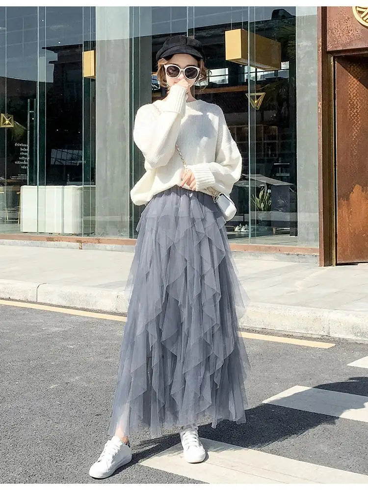 Spring Summer French Fashion Vintage Solid Mesh Slim Fairy Long Skirt Women High Waist Elegant Party Pleated A-line Skirt Simple
