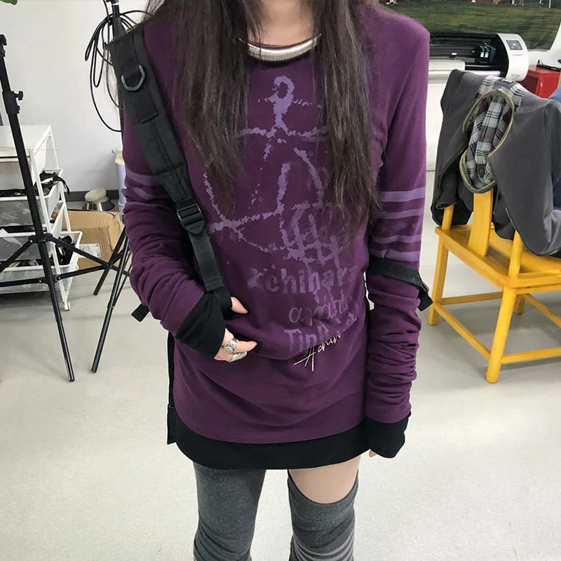 Japanese Y2k Letter Print T-shirt Grunge 2000s Style Long T Shirt Vintage Harajuku Long Sleeve Purple Top American Retro