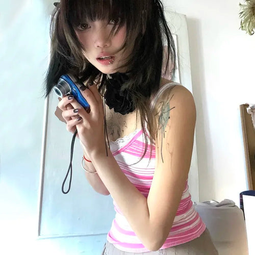 Load image into Gallery viewer, Y2k Aesthetics Camisole Japanese Harajuku Cami Top 2000s Kawaii Crop Top Fairycore Pink Striped Tank Top E-girl Grunge
