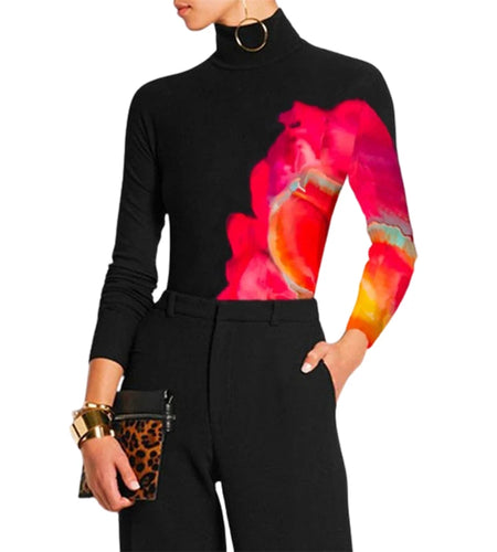 Casual Spring Women Tops Fashion Contrast Color Printed 2024 New Long Sleeve High Neck Skinny T-Shirts For Office Lady