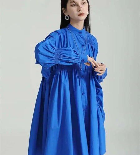 Women Blue Irregular Pleated Big Hem Shirt Dress New Stand Neck Long Sleeve Loose Fashion Tide Spring Autumn 2025 1DF9549
