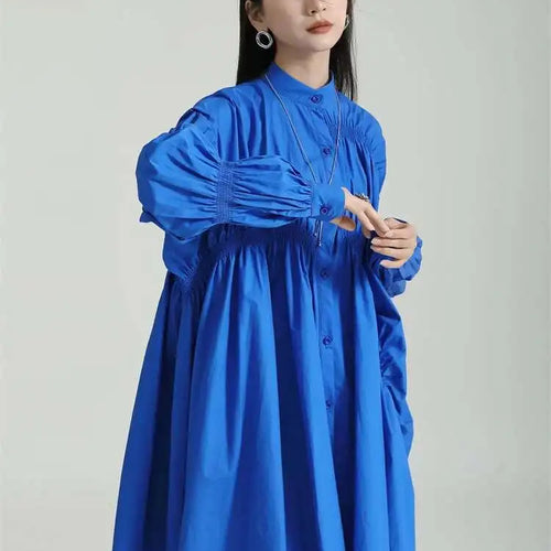 Load image into Gallery viewer, Women Blue Irregular Pleated Big Hem Shirt Dress New Stand Neck Long Sleeve Loose Fashion Tide Spring Autumn 2025 1DF9549
