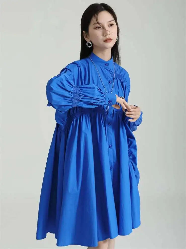 Women Blue Irregular Pleated Big Hem Shirt Dress New Stand Neck Long Sleeve Loose Fashion Tide Spring Autumn 2025 1DF9549