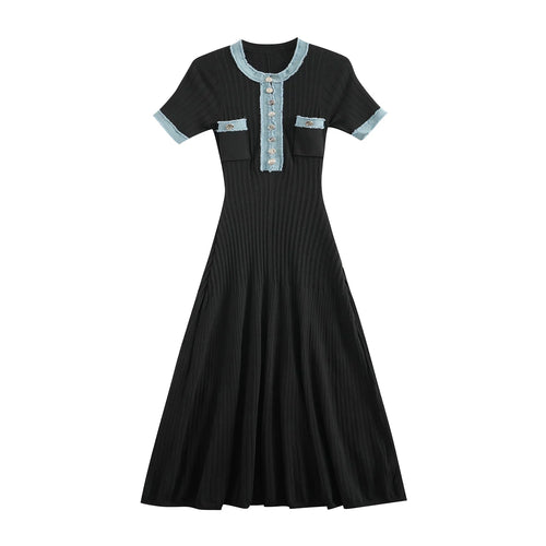 Load image into Gallery viewer, Korean Summer Black White Patchwork Elegant Office Lady Knitted Long Dress Women's Slim Short Sleeve Single Breasted Dress Trend
