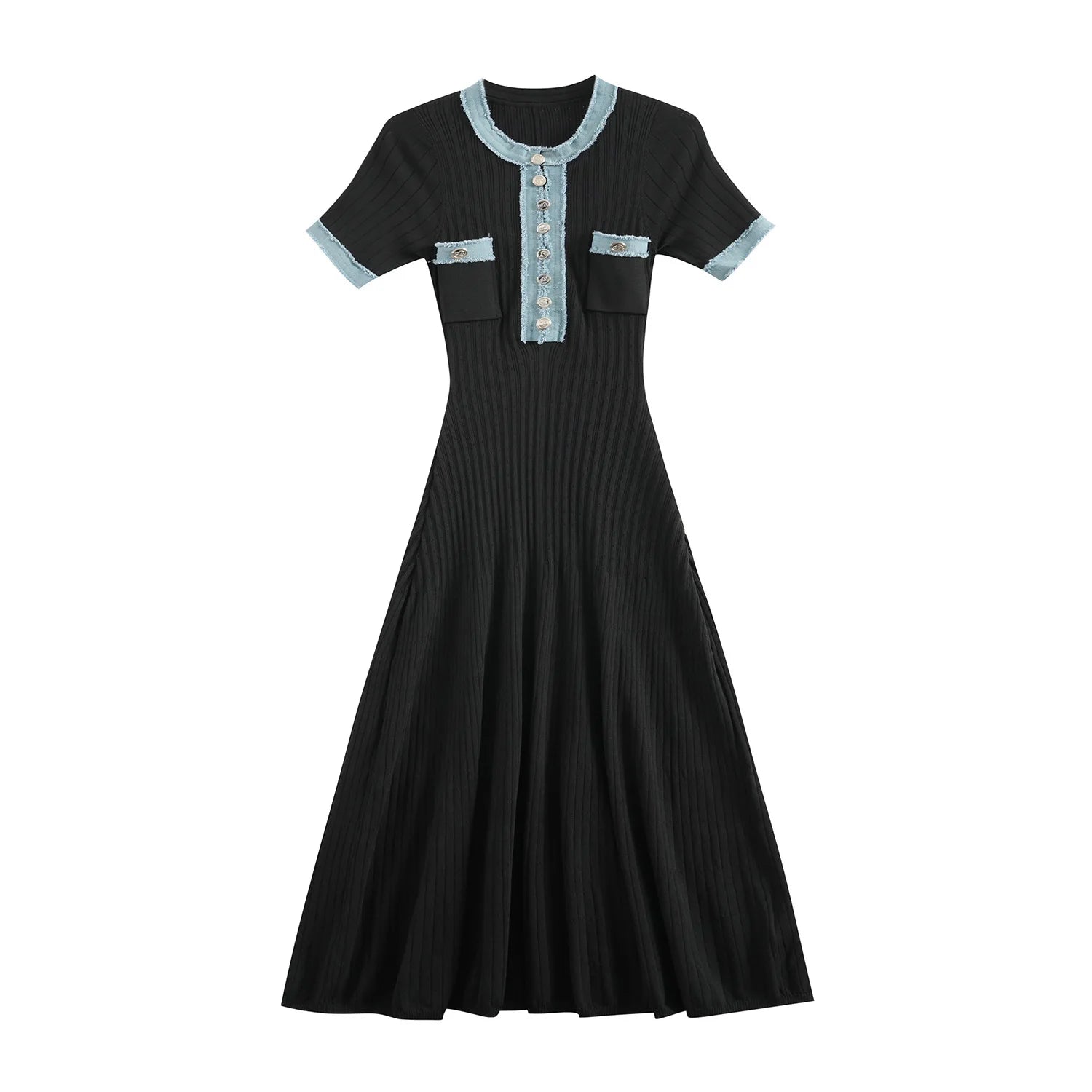 Korean Summer Black White Patchwork Elegant Office Lady Knitted Long Dress Women's Slim Short Sleeve Single Breasted Dress Trend