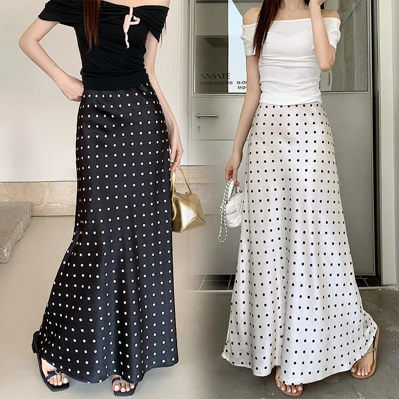 Spring Summer Vintage Black Beige Polka Dot Fishtail Long Skirts Women High Waist Slim Vacation Wrapped Hip Skirt Korean Fashion