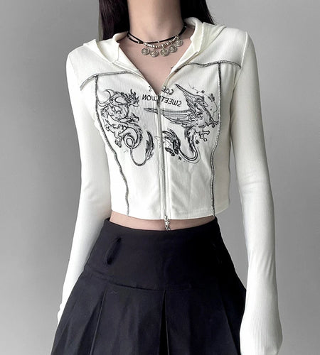 Harajuku Line Stitch Bodycon Hooded T shirt Women Graphic Printed Korean Zip Up Top Tee Cropped Ribbed Knit Clothing