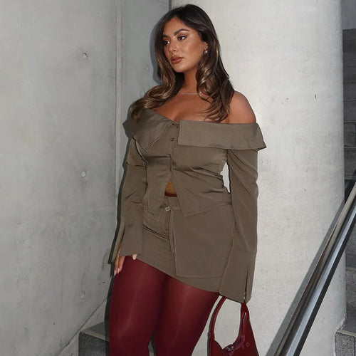 Load image into Gallery viewer, Sexy Two Piece Sets Women Off-shoulder Long Sleeve T-shirt And Mini Skirt Matching Sets Backless Sexy 2 Piece Sets
