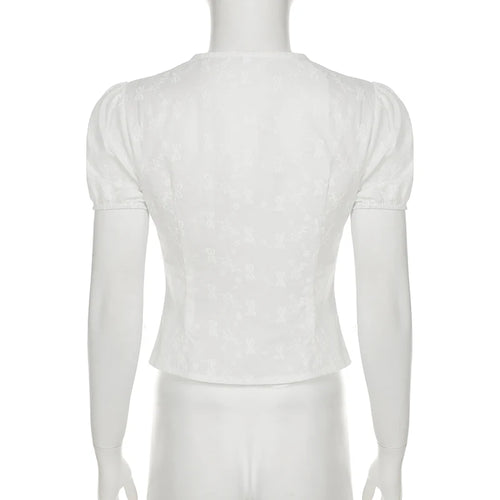 Load image into Gallery viewer, Y2K Bow Textured Waist Cinching Shirts Women Summer Puff Sleeve V-Neck Cardigan Tops Cutecore Button-Fly Girls Blouse
