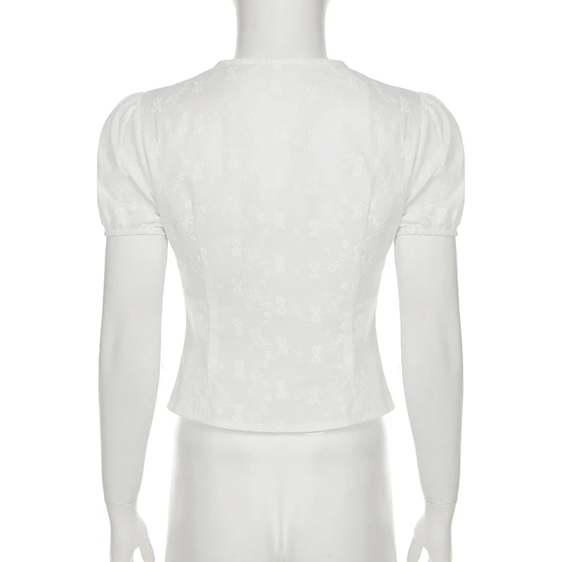 Y2K Bow Textured Waist Cinching Shirts Women Summer Puff Sleeve V-Neck Cardigan Tops Cutecore Button-Fly Girls Blouse