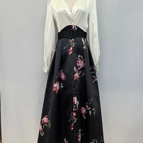 Load image into Gallery viewer, Colorblock Floral Printing Dresses For Women V Neck Lantern Sleeve High Waist Spliced Belt Temperament Dress Female Fashion
