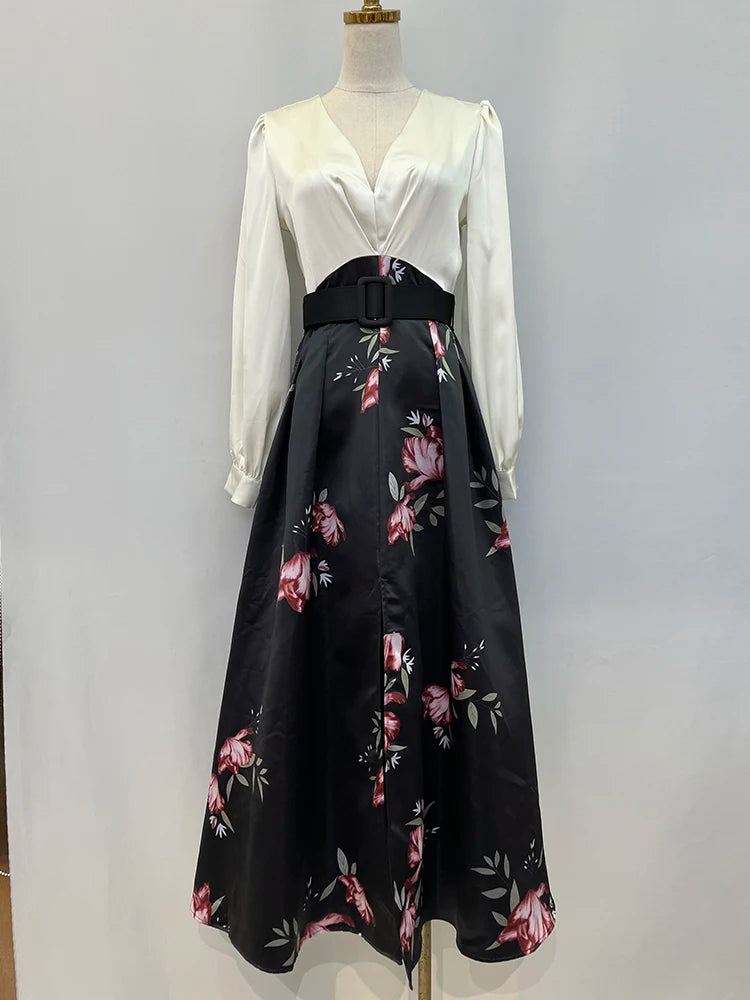 Colorblock Floral Printing Dresses For Women V Neck Lantern Sleeve High Waist Spliced Belt Temperament Dress Female Fashion