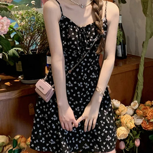 Load image into Gallery viewer, Summer Black Vintage Floral Dress French Style Spaghetti Strap Chiffon Sleeveless Print Women Dresses Fashion Streetwear
