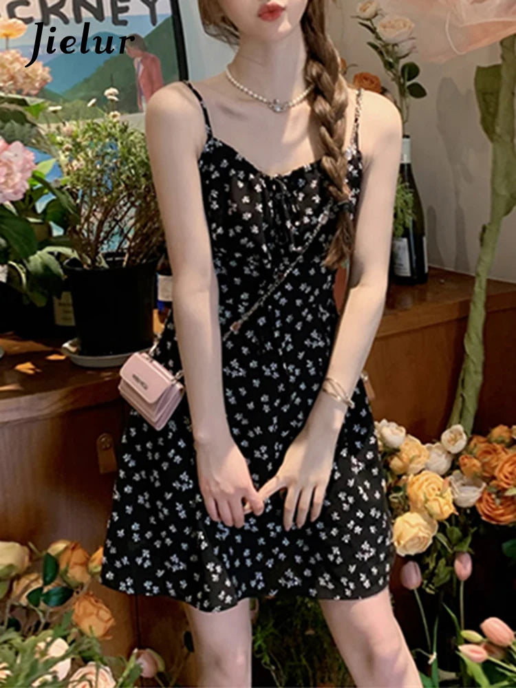 Summer Black Vintage Floral Dress French Style Spaghetti Strap Chiffon Sleeveless Print Women Dresses Fashion Streetwear