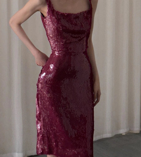 Slimming Spliced Sequins Two Piece Sets for Women Square Neck Sleeveless Top High Waist Skirt Temperament Set Female