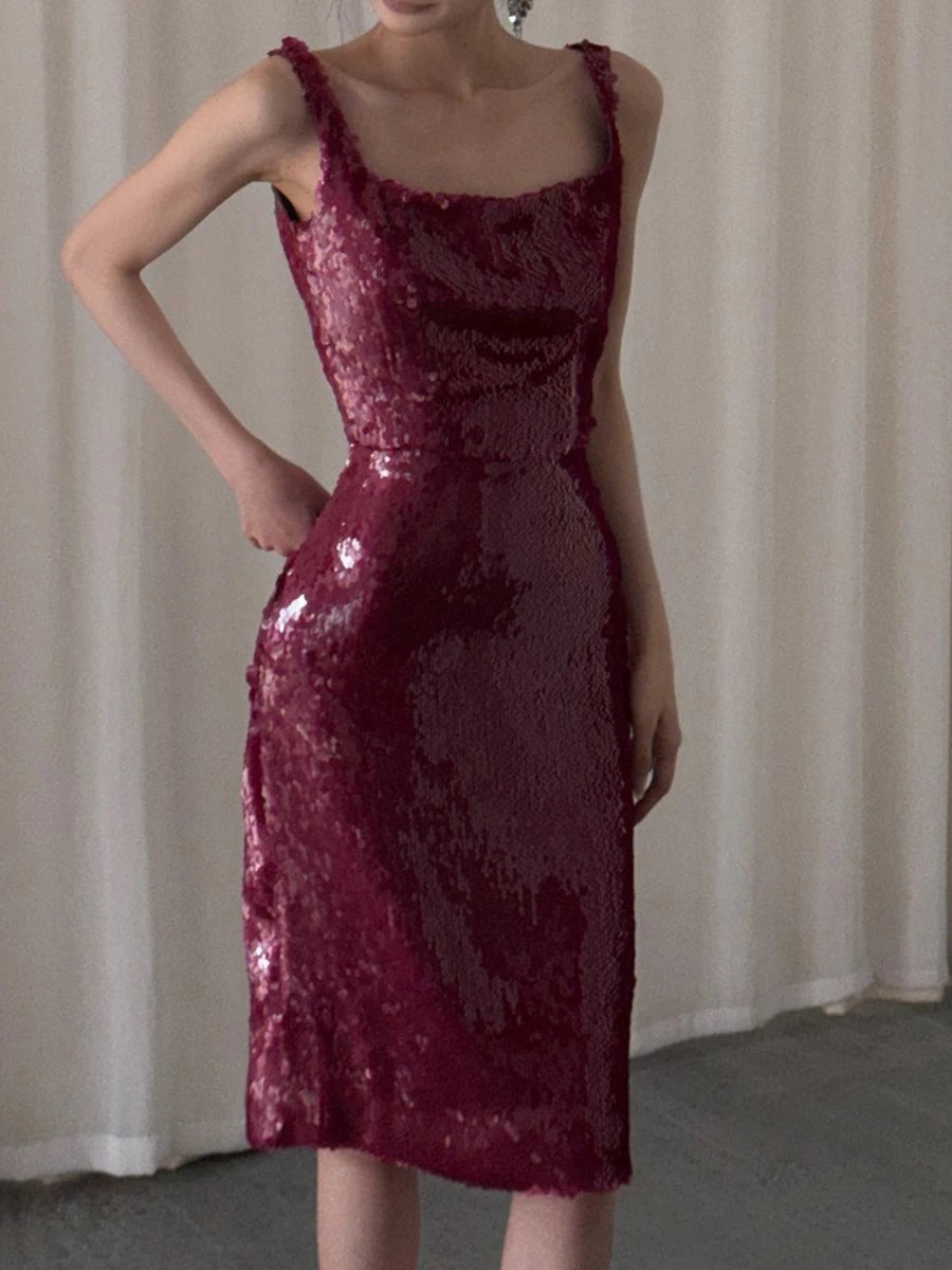 Slimming Spliced Sequins Two Piece Sets for Women Square Neck Sleeveless Top High Waist Skirt Temperament Set Female