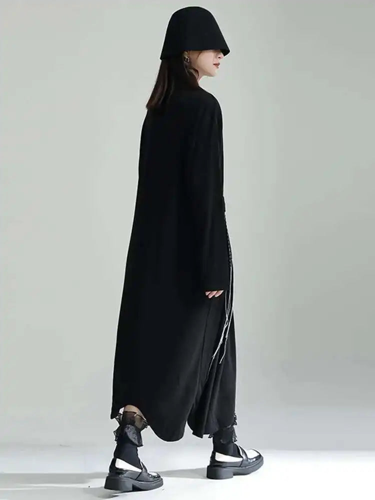 Women Black Topstitched Long Big Size Dress New Turtleneck Long Sleeve Loose Fit Fashion Tide Spring Autumn 2025 1DF3239