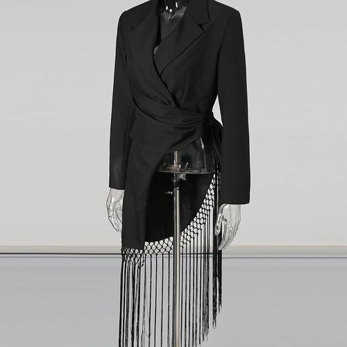 Load image into Gallery viewer, Solid Spliced Folds Irregular Jackets for Women Lapel Long Sleeves Patchwork Tassels Fashion Jacket Female Clothing
