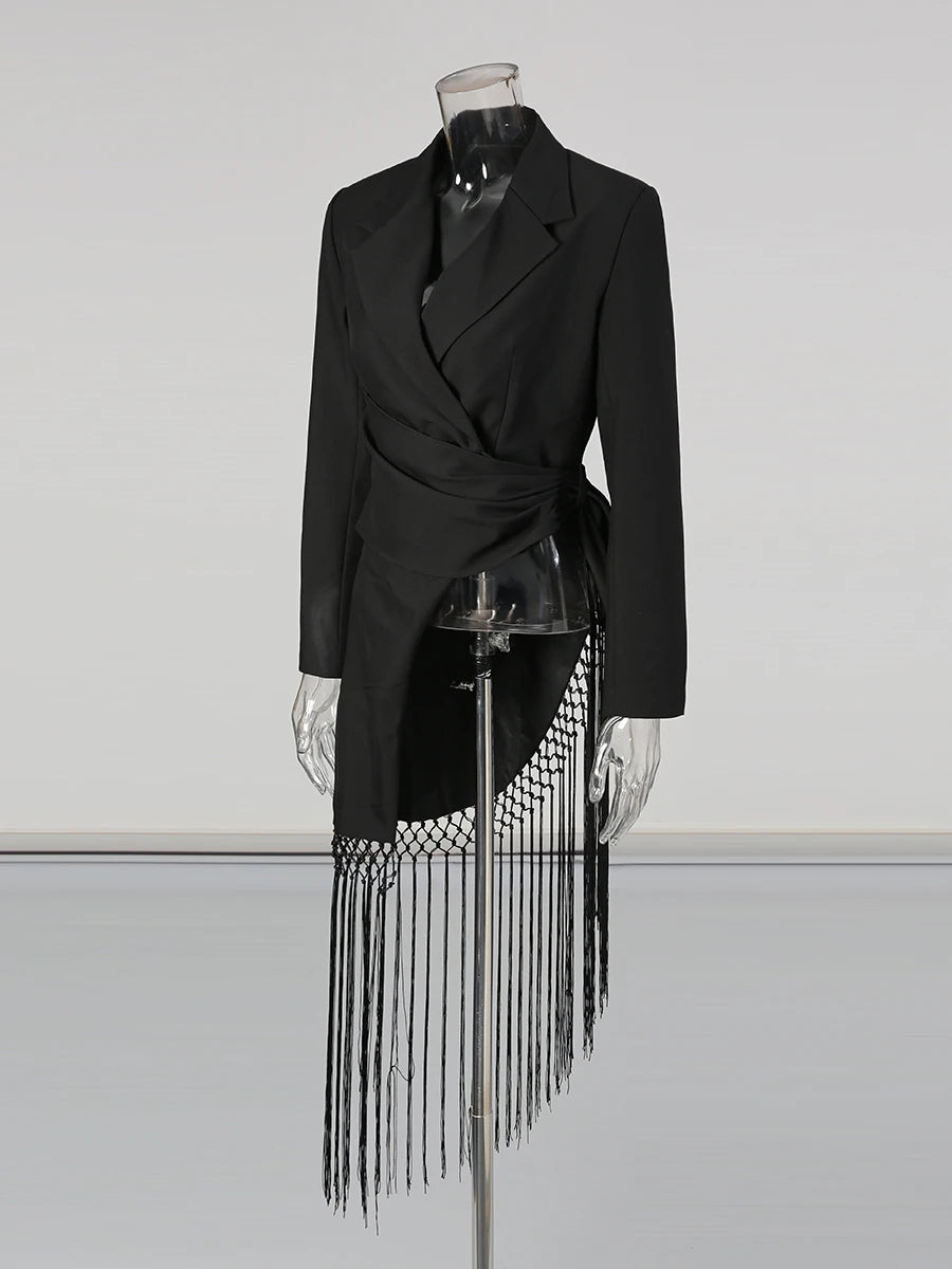 Solid Spliced Folds Irregular Jackets for Women Lapel Long Sleeves Patchwork Tassels Fashion Jacket Female Clothing