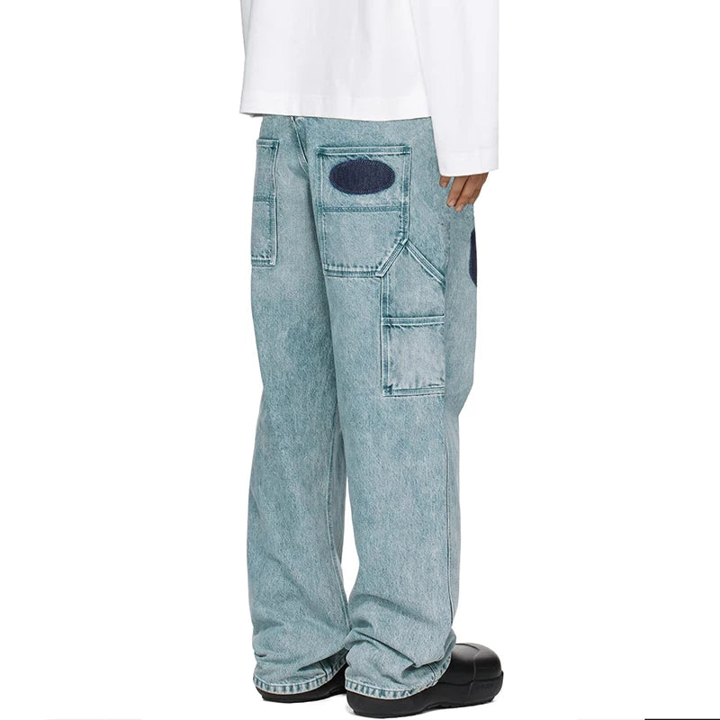 Men's Jeans  American Distressed Washed Denim Pants Color Block Design Street Style Multi Pocket Trousers 9W1464