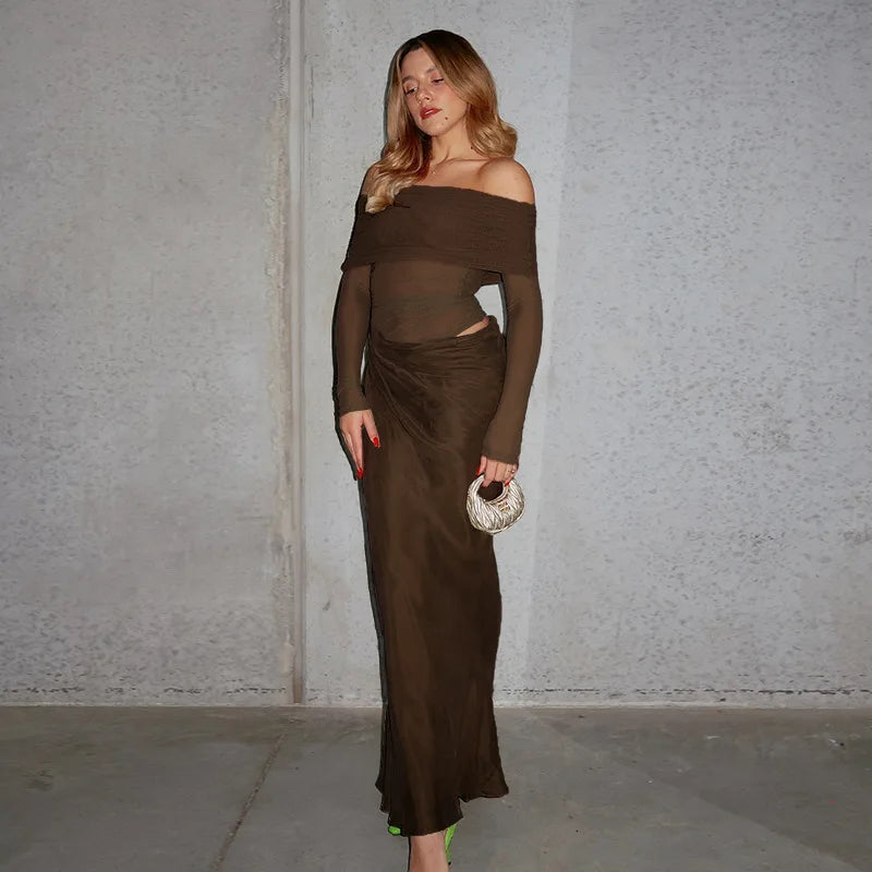 Off-shoulder Mesh See Through Sexy Maxi Dress For Women Elegant Strapless Long Sleeve Backless Bodycon Club Party Dress