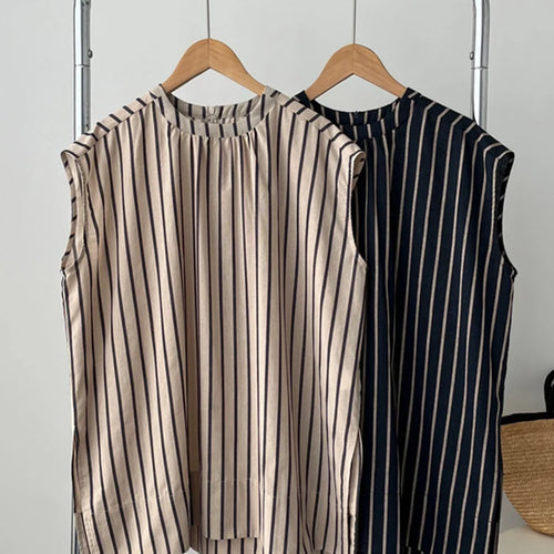Load image into Gallery viewer, Women Black Striped Big Size Elegant Blouse New Stand Collar Sleeveless Shirt Fashion Tide Spring Summer  2025 1DJ1185
