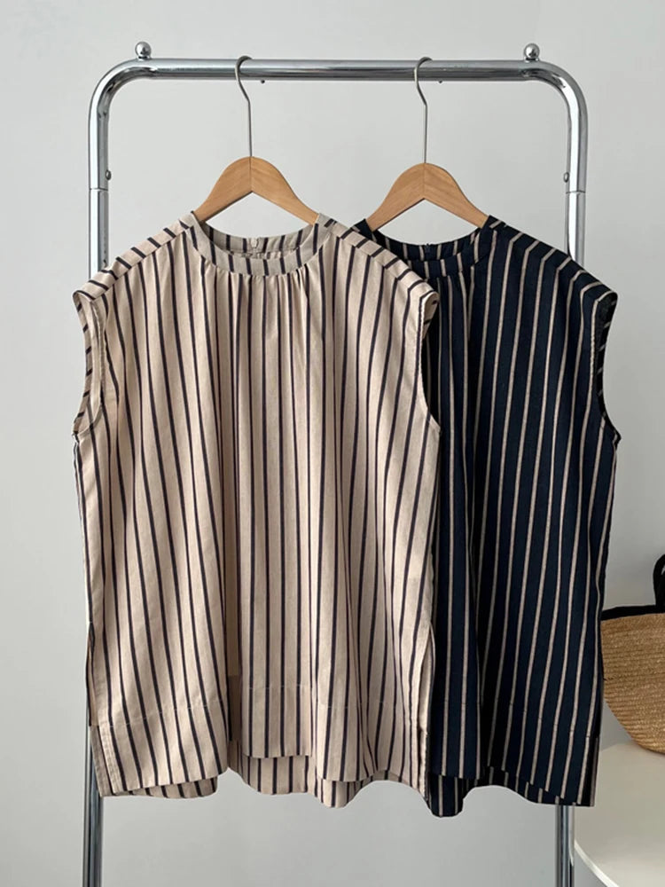Women Black Striped Big Size Elegant Blouse New Stand Collar Sleeveless Shirt Fashion Tide Spring Summer  2025 1DJ1185