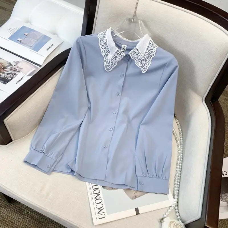 Spring Blue Patchwork Lace Shirt Women Elegant Doll Collar Long Sleeved Blouses Korean Preppy Style Button Cute Tops Retro Trend