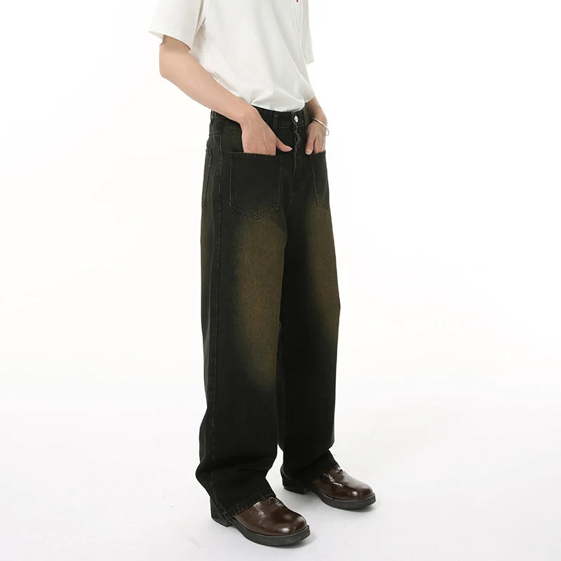 Men's American Style Jeans High Street Reverse Pockets Trendy Gradient Color Distressed Loose Male Denim Pants 9W1832
