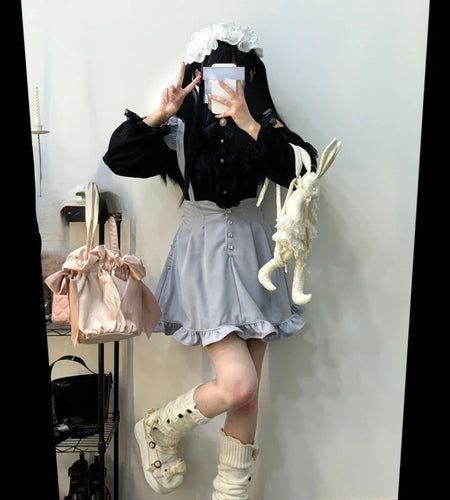 Japanese Kawaii Lace Patchwork Shirt Women Y2k Aesthetic Hollow Out Blouse Harajuku Bow Ladies Tops 2025 Lolita Blusas Femme