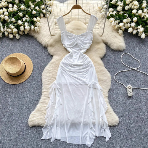 Load image into Gallery viewer, French Summer Fashion Women Black White Vacation Ruffle Edge Slip Long Dress Red Sexy Backless Slim Irregular Pleated Mesh Dress
