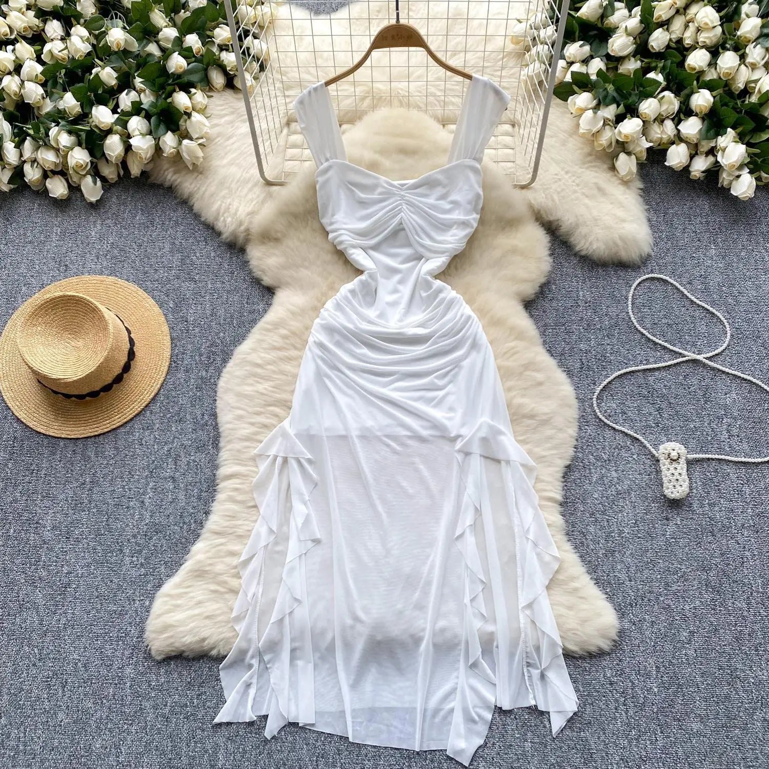 French Summer Fashion Women Black White Vacation Ruffle Edge Slip Long Dress Red Sexy Backless Slim Irregular Pleated Mesh Dress