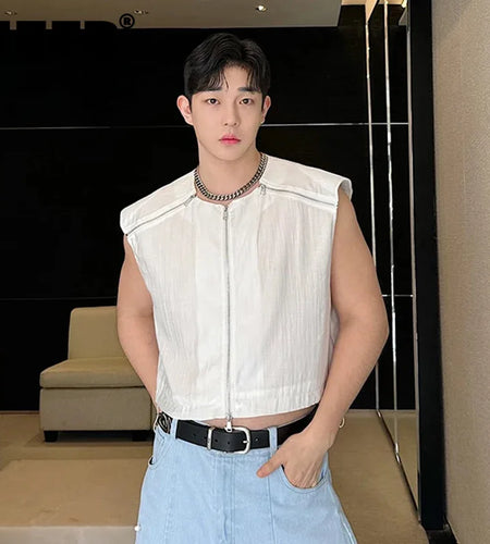 Versatile Deconstructed Male Vest Zipper Patchwork Drawstring Sun-proof Sleeveless T-shirt Summer Trendy 9C5943