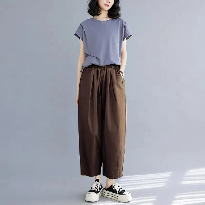 Korean Version Women Summer Black Beige Casual Loose Elastic High Waist Cotton Pocket Ankle-length Harem Pant Brown Oversized