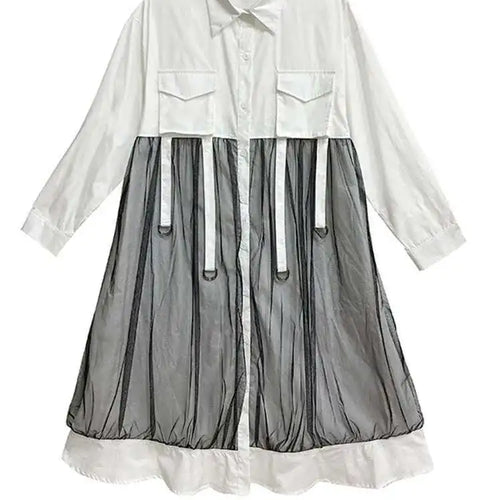 Load image into Gallery viewer, Women White Mesh Ribbons Pocket Big Size Midi Shirt Dress New Lapel Long Sleeve Fashion Tide Spring Autumn 2025 1DH8647
