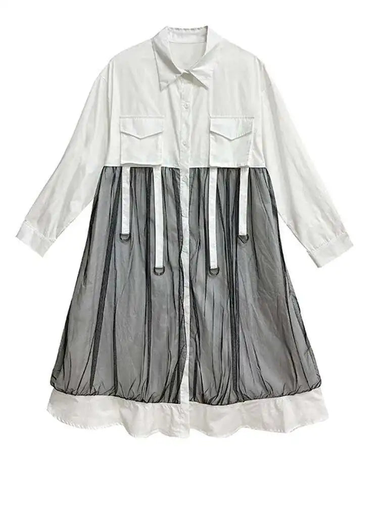 Women White Mesh Ribbons Pocket Big Size Midi Shirt Dress New Lapel Long Sleeve Fashion Tide Spring Autumn 2025 1DH8647