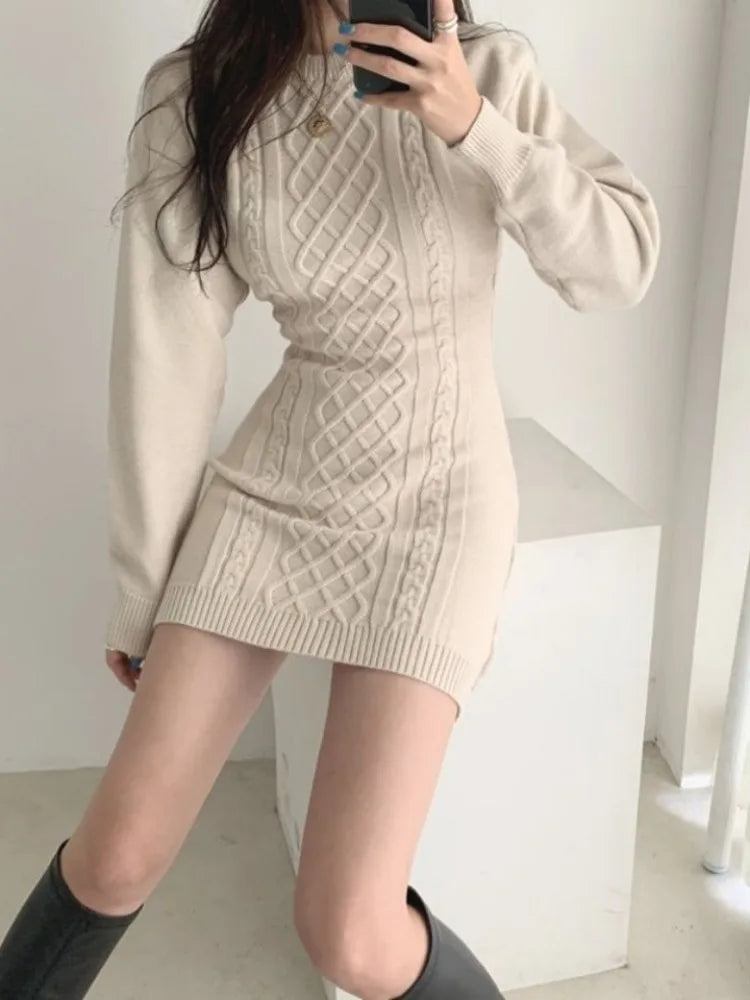 Knitted Sweater Mini Dress Women Vintage Korean Style Sexy Bodycon Wrap Knit Short Dresses Casual Elegant Autumn