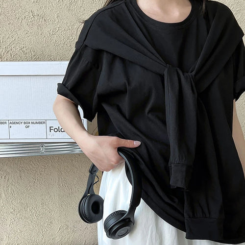 Load image into Gallery viewer, Women White Bandage Brief Big Size Casual T-shirt New Round Neck Half Sleeve Fashion Tide Spring Summer 2025 1DJ0722
