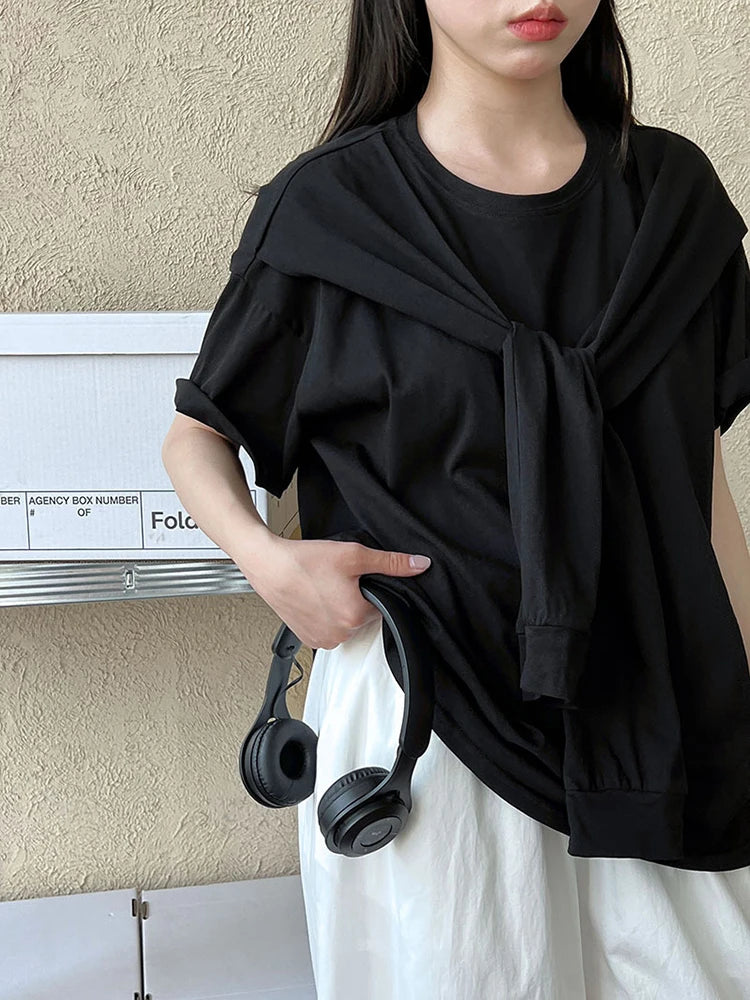 Women White Bandage Brief Big Size Casual T-shirt New Round Neck Half Sleeve Fashion Tide Spring Summer 2025 1DJ0722