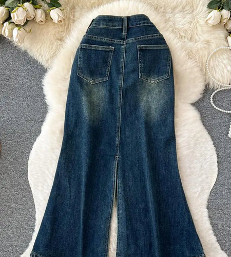 2023 New Women's Rivet Denim Split Long Skirt High Waist Blue Mermaid Jeans Skirts Female A-line Wrapped Hip Fishtail Skirt Chic