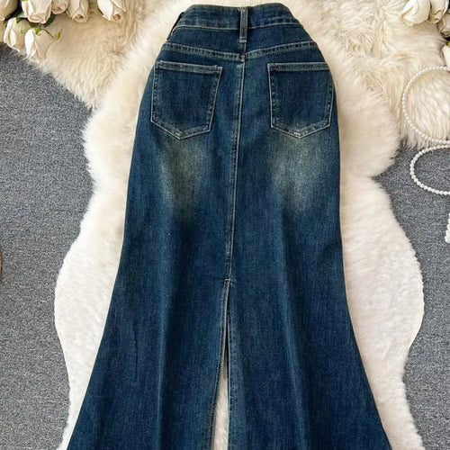 Load image into Gallery viewer, 2023 New Women's Rivet Denim Split Long Skirt High Waist Blue Mermaid Jeans Skirts Female A-line Wrapped Hip Fishtail Skirt Chic
