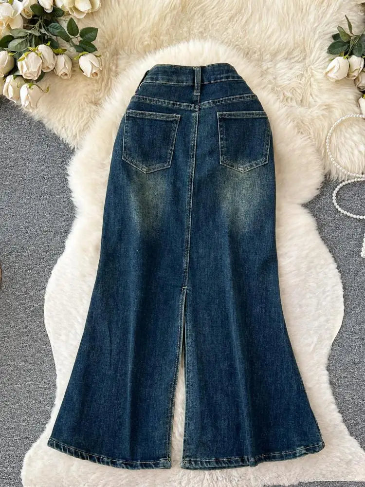 2023 New Women's Rivet Denim Split Long Skirt High Waist Blue Mermaid Jeans Skirts Female A-line Wrapped Hip Fishtail Skirt Chic